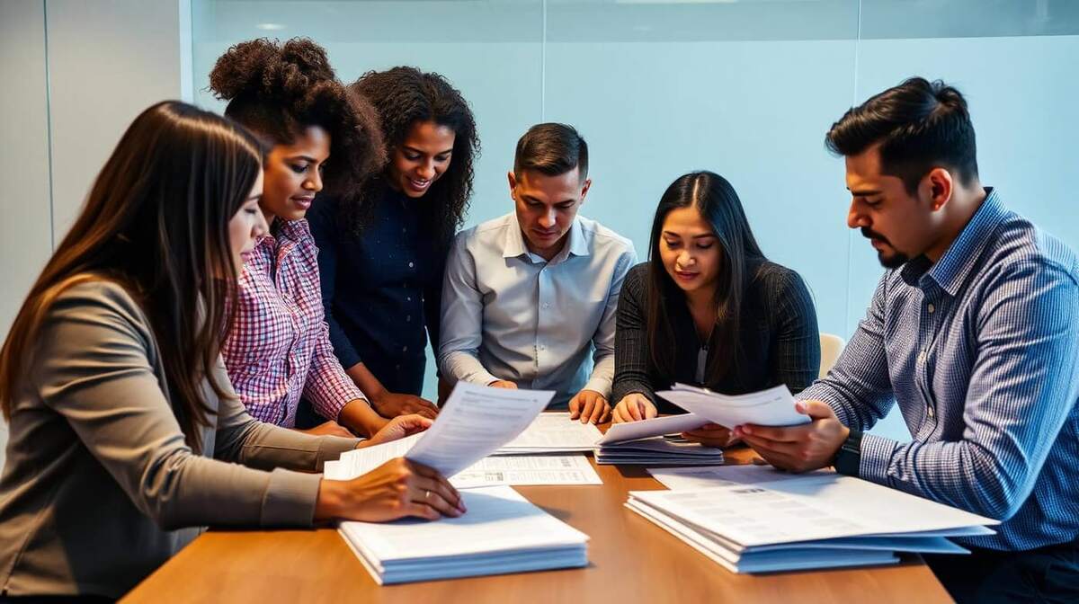 Equipe multidisciplinar brasileira de RH e SST analisando pastas de documentação de colaboradores e subcontratadas em sala de reunião