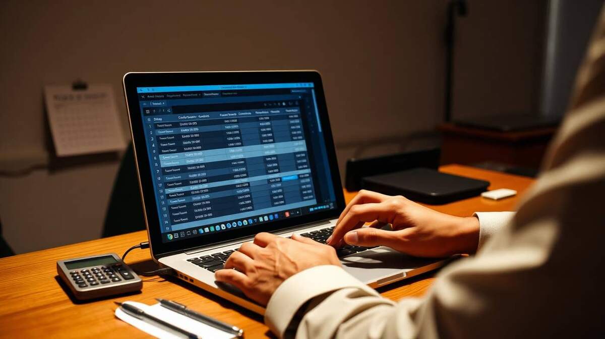 Mãos de contador brasileiro em laptop com planilha de prazos e obrigações fiscais do eSocial ao lado de calculadora