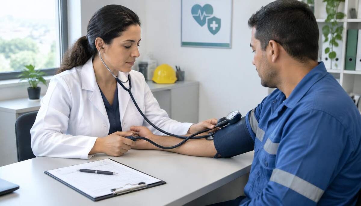 Médica do trabalho medindo a pressão arterial de um trabalhador durante o exame demissional