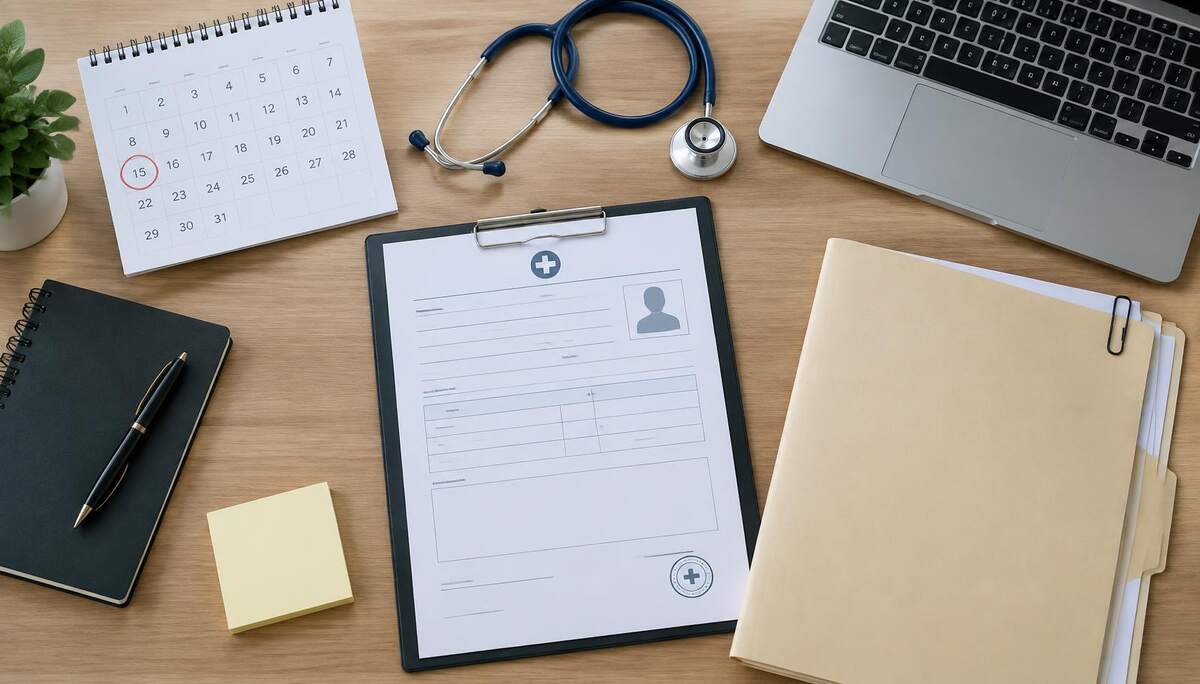 Mesa de RH com calendário marcado, estetoscópio, formulário de ASO e pasta de documentos do desligamento
