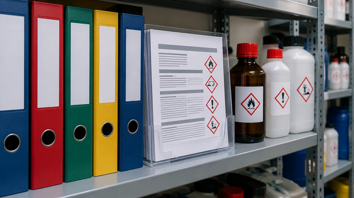 Fichas de dados de segurança organizadas em prateleira ao lado de frascos com pictogramas de perigo GHS