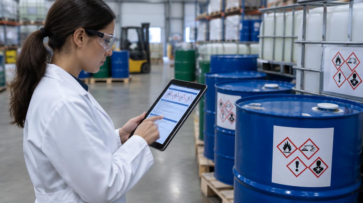 Técnica de segurança com óculos de proteção consultando a ficha de dados de segurança em um tablet ao lado de tambores com pictogramas GHS