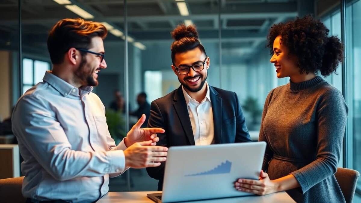 Líder dando feedback construtivo para colaboradora em reunião informal com notebook aberto mostrando indicadores