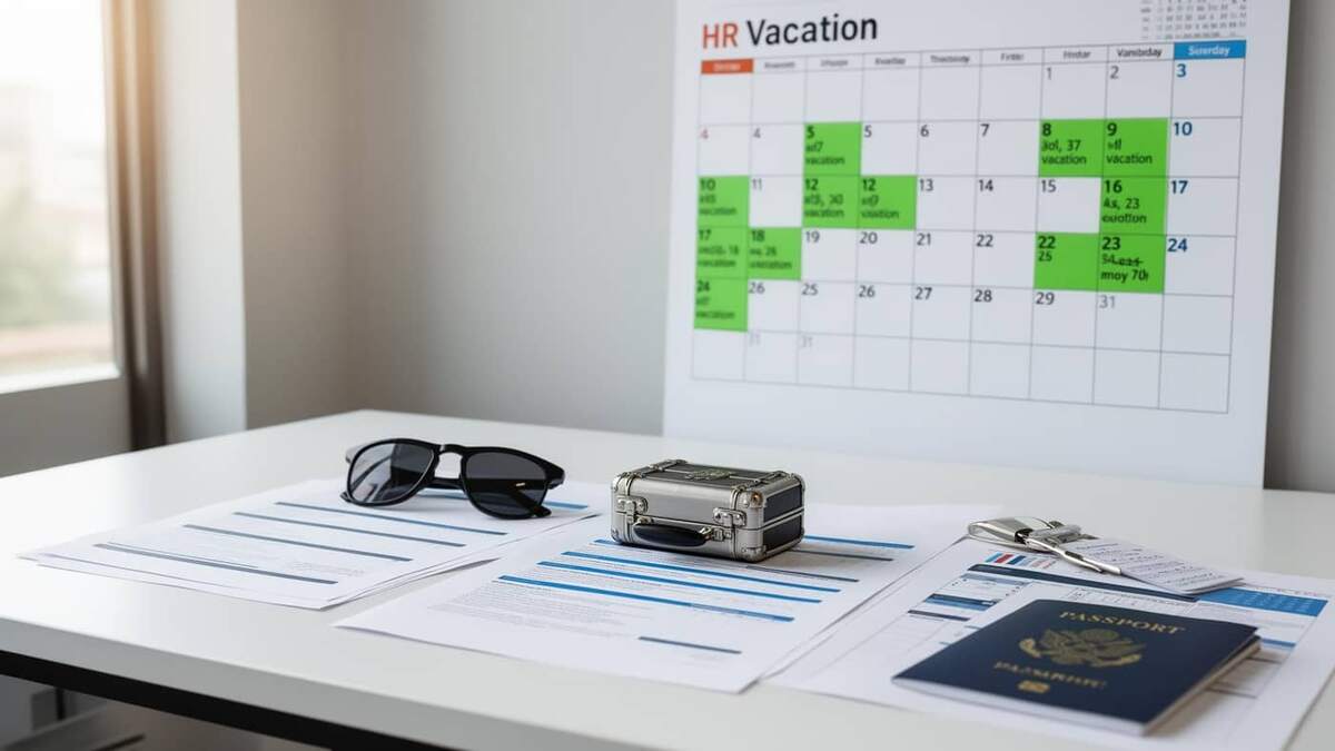 Mesa de RH com calendário marcado com dias de férias em verde, óculos de sol e passaporte sobre documentos, representando o cálculo e a programação de férias