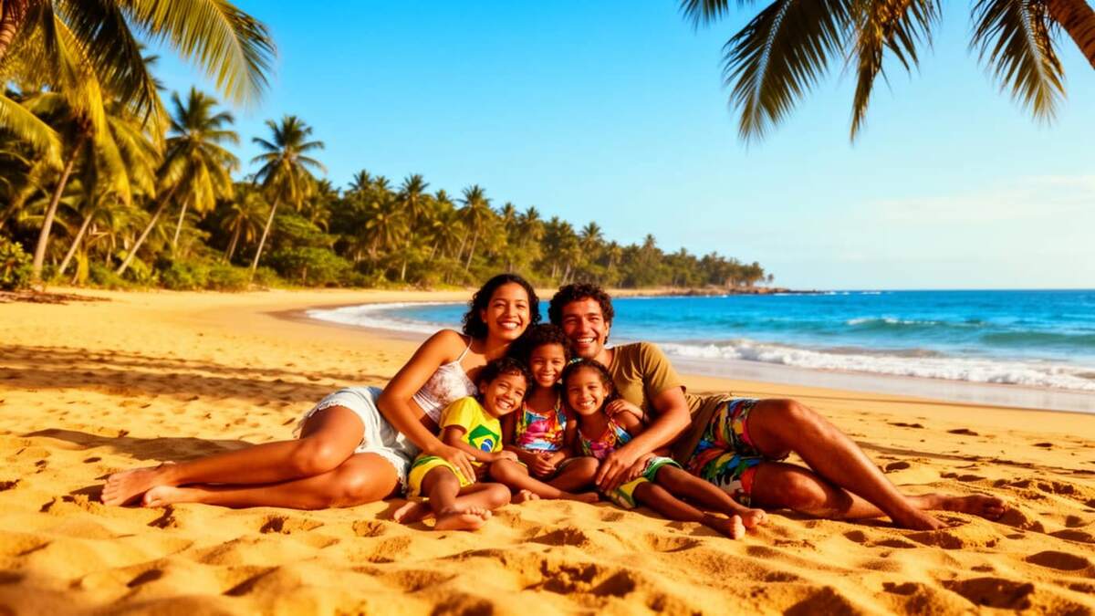 Família brasileira sorrindo sentada em praia tropical com areia dourada, palmeiras e mar azul ao fundo, representando o período de férias do trabalhador