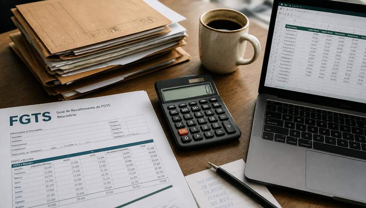 Guia do FGTS impressa sobre a mesa ao lado de calculadora, café e notebook com planilha de folha de pagamento aberta