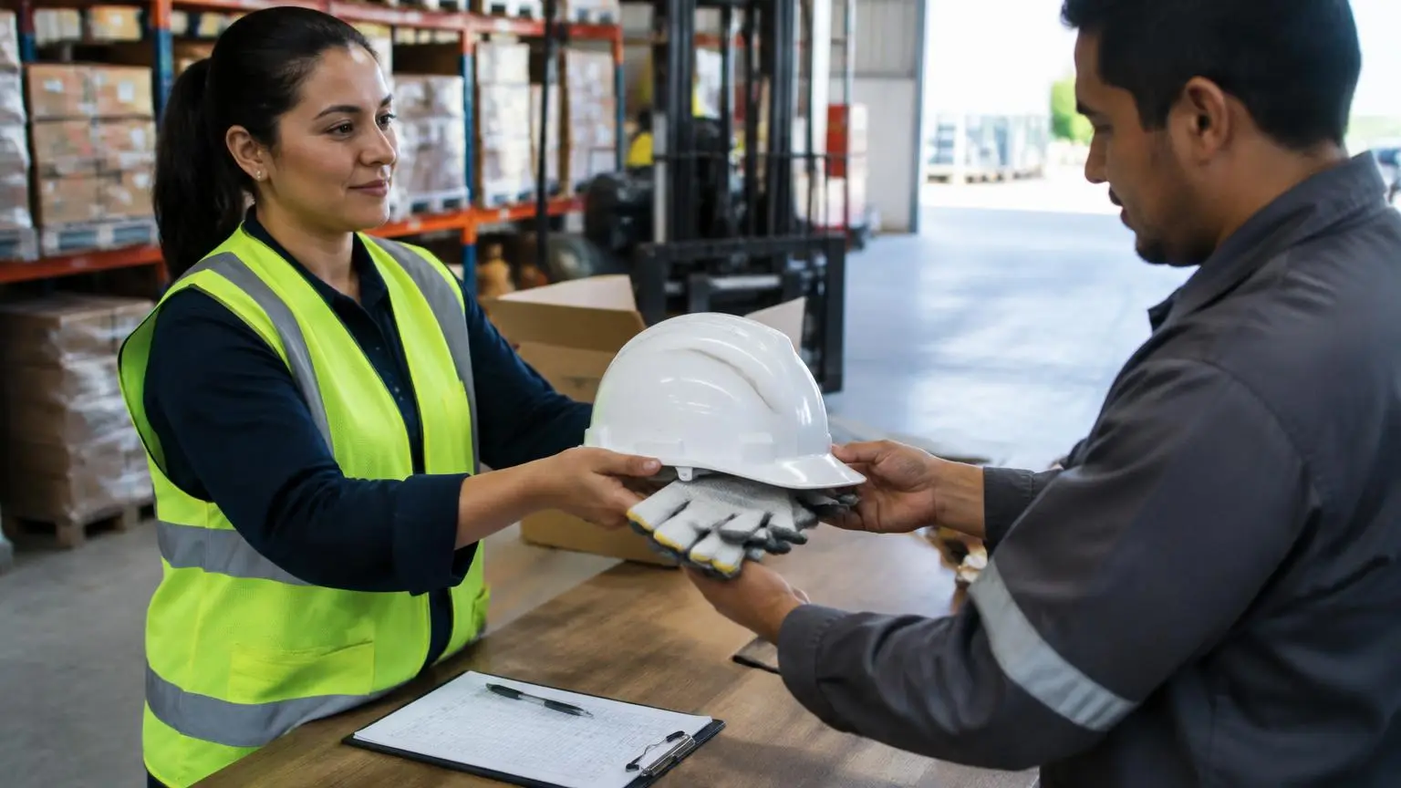 Técnica de segurança entregando capacete e luvas novos a trabalhador, com ficha de entrega de EPI sobre a mesa