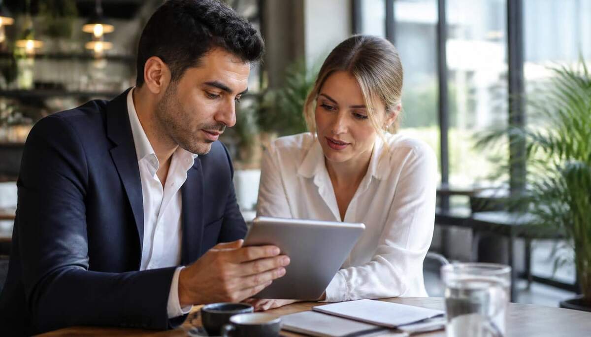 Dois sócios analisando a projeção financeira da empresa em um tablet, sentados à mesa de um café moderno e arejado