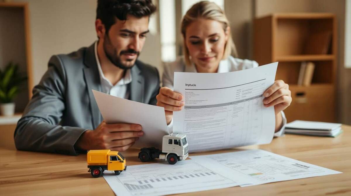 Profissionais analisando contrato comercial com modelos de caminhão e nota fiscal sobre a mesa