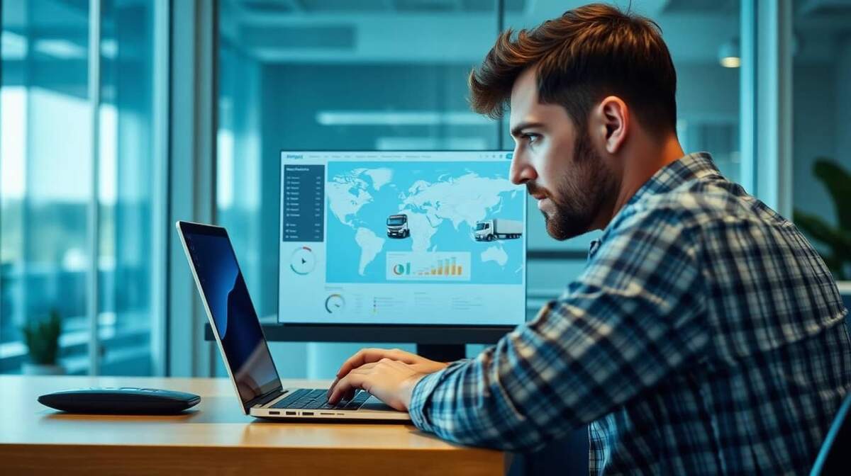 Gestor analisando painel de logística e transporte em notebook com mapa e indicadores