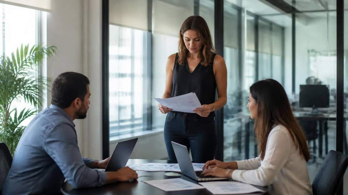 Equipe de gestão reunida em mesa de escritório com notebook, planilhas impressas e painel de indicadores durante análise de resultados