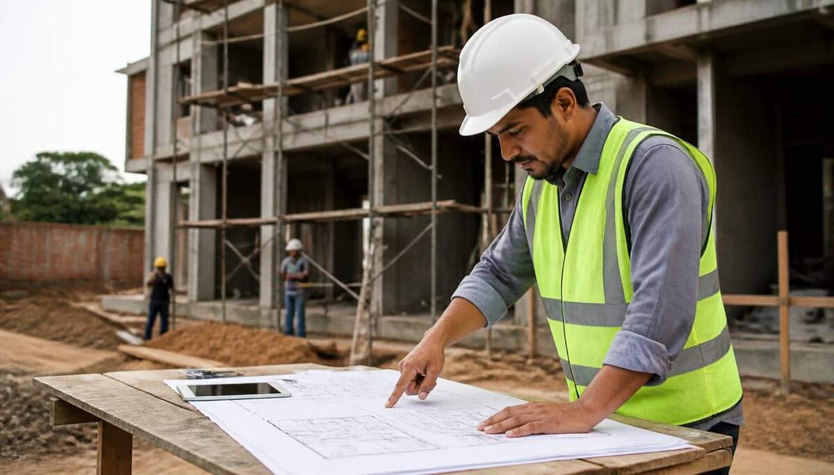 Engenheiro civil brasileiro com capacete branco e colete refletivo analisando projeto impresso sobre bancada em canteiro de obras com estrutura de concreto e andaimes ao fundo