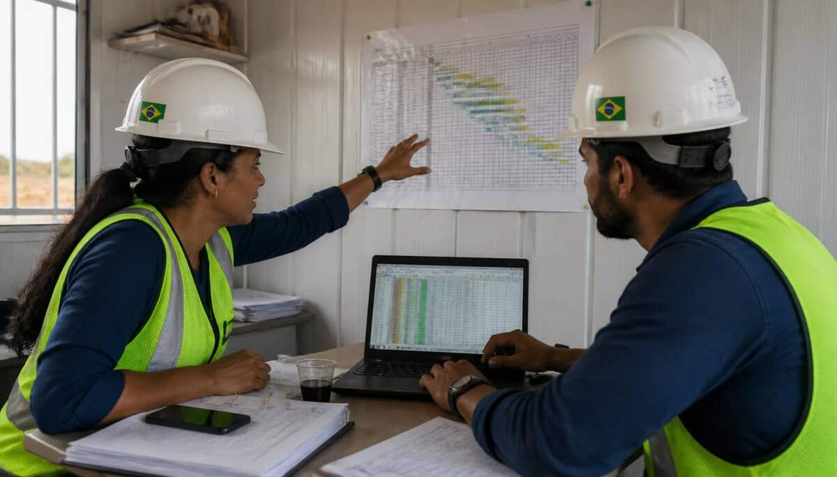 Engenheira e engenheiro brasileiros com capacete branco discutindo cronograma físico impresso e planilha em notebook dentro do escritório do canteiro de obras