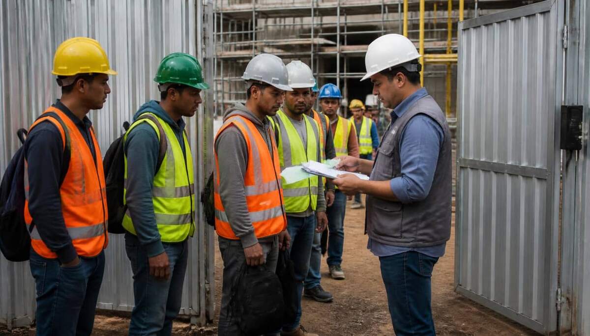 Encarregado conferindo documentos de equipe subcontratada na entrada de canteiro de obras, trabalhadores com colete refletivo e capacete aguardando liberação