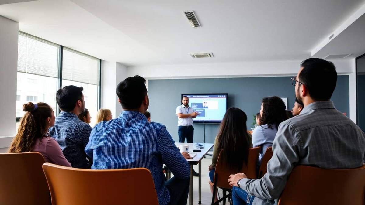 Treinamento corporativo com colaboradores engajados assistindo a uma capacitação em sala de reunião moderna