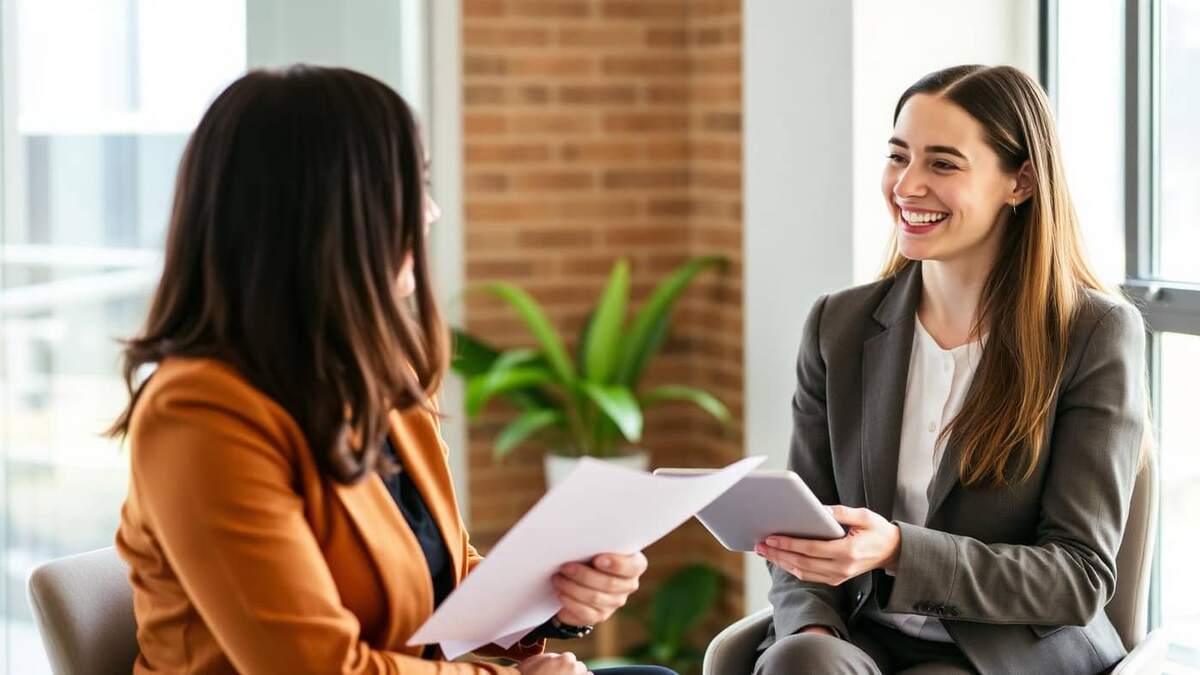 Líder dando feedback construtivo para uma colaboradora em uma reunião 1x1 em escritório moderno e iluminado