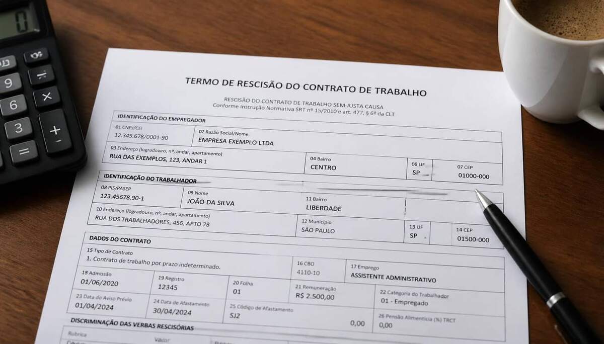 Termo de rescisão do contrato de trabalho brasileiro sobre mesa de madeira com calculadora, caneta preta e xícara de café