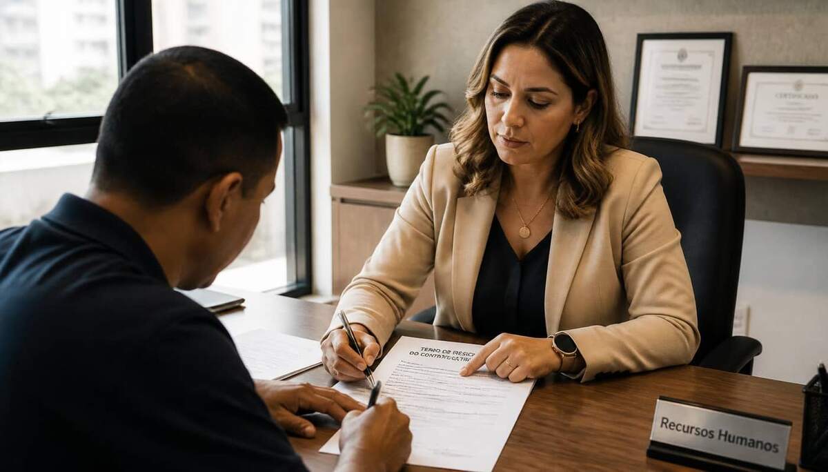 Analista de RH brasileira em escritório assinando termo de rescisão do contrato de trabalho com colaborador