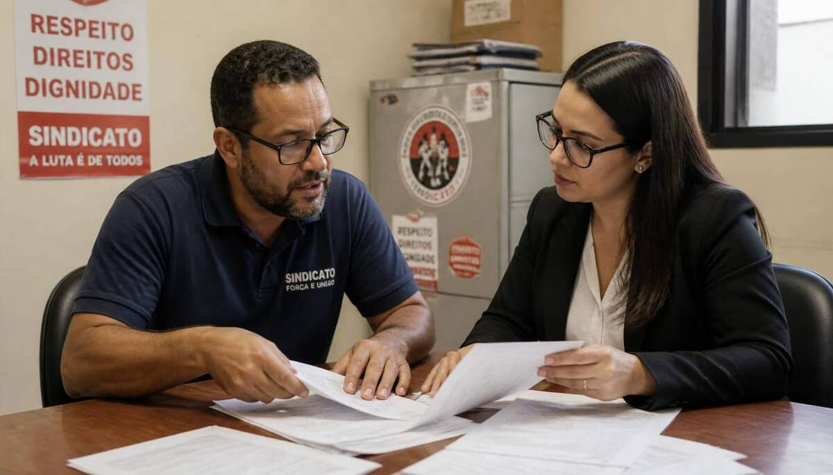 Representante sindical e analista de RH analisando documentos de rescisão em mesa de reunião com cartaz de sindicato ao fundo