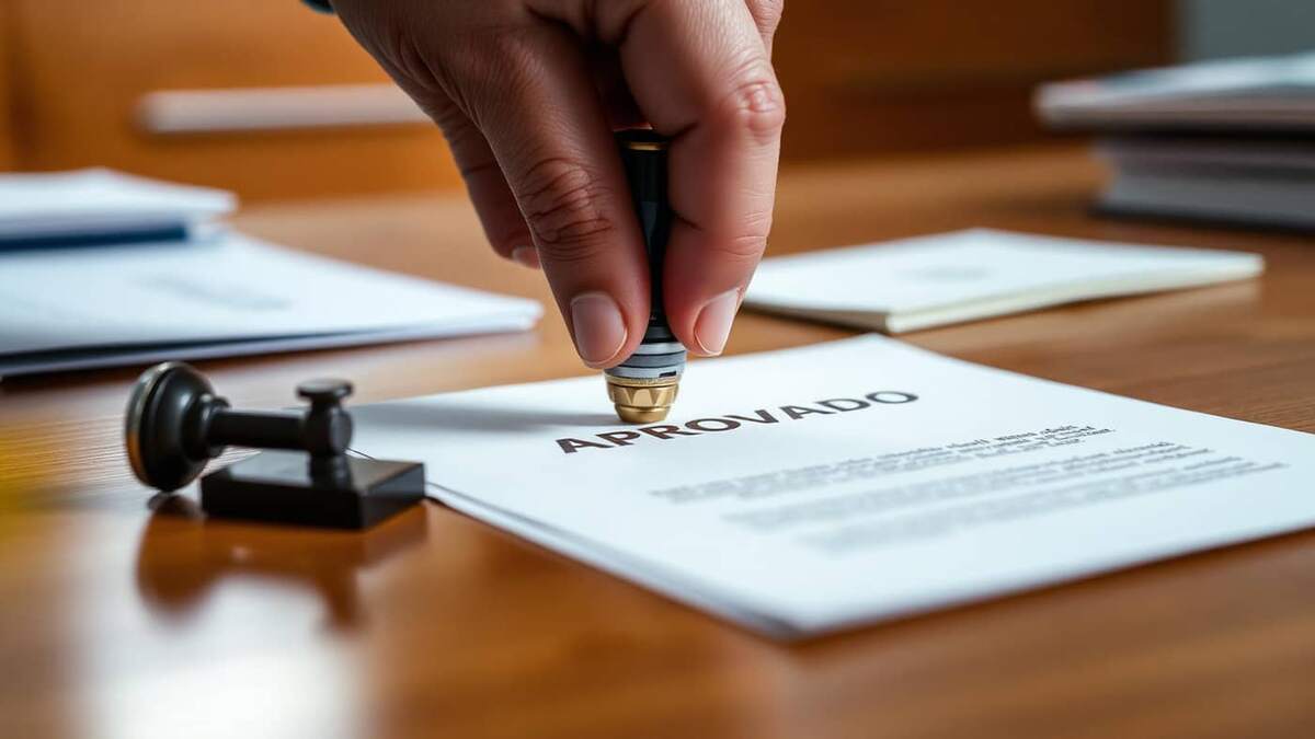 Mão pressionando carimbo de aprovado sobre documento oficial em mesa de escritório