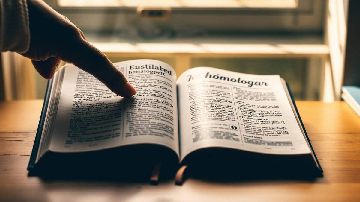 Dicionário aberto com o dedo apontando para o verbete homologar