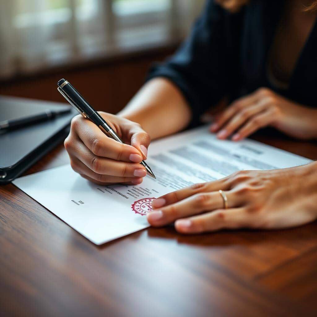 Mulher assinando documento com selo oficial em mesa de escritório com luz natural, close-up nas mãos