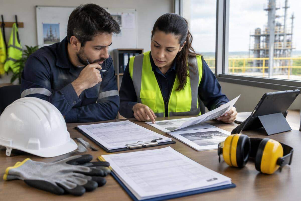 Profissionais analisando laudos, fichas de EPI e registros de segurança do trabalho