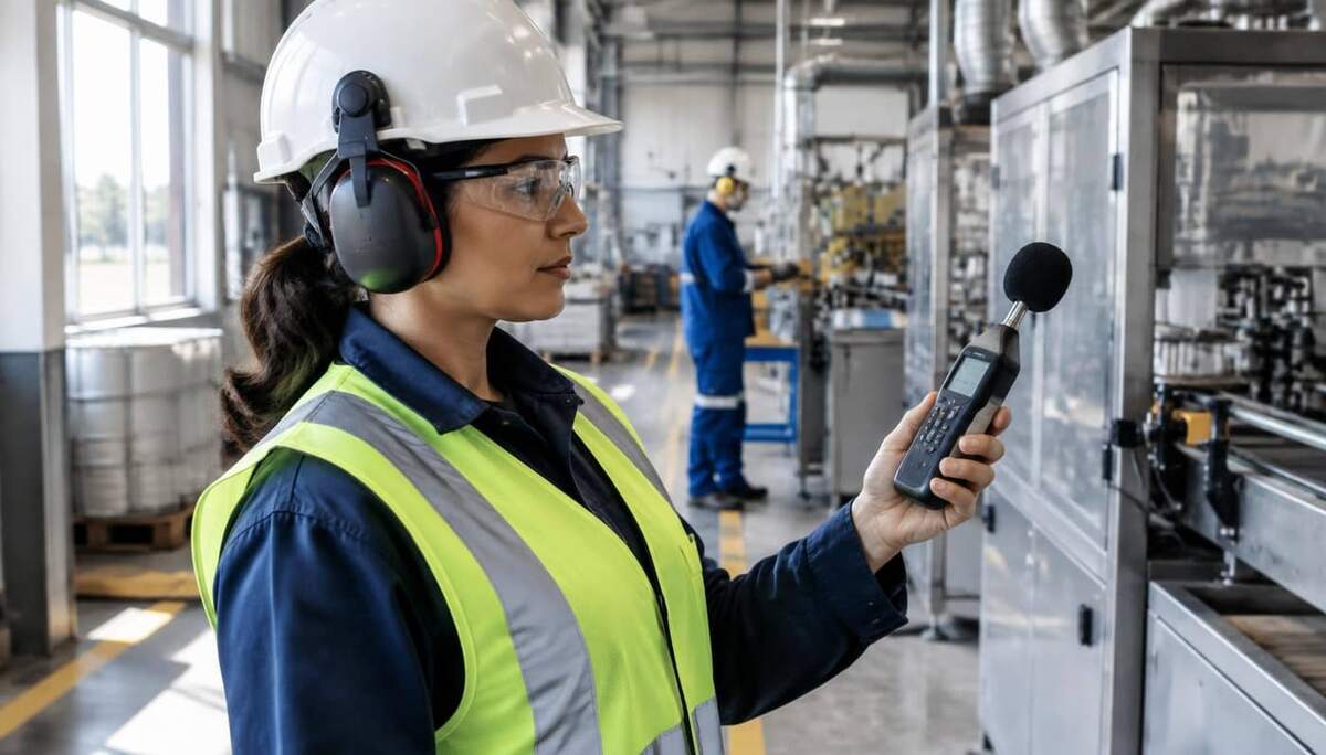 Engenheira de segurança do trabalho medindo ruído com decibelímetro em ambiente industrial