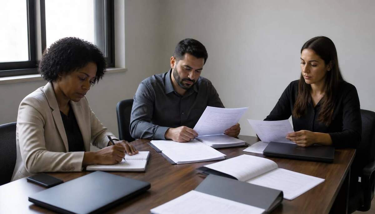 Três profissionais brasileiros analisando relatórios impressos sobre mesa de madeira durante reunião de auditoria interna