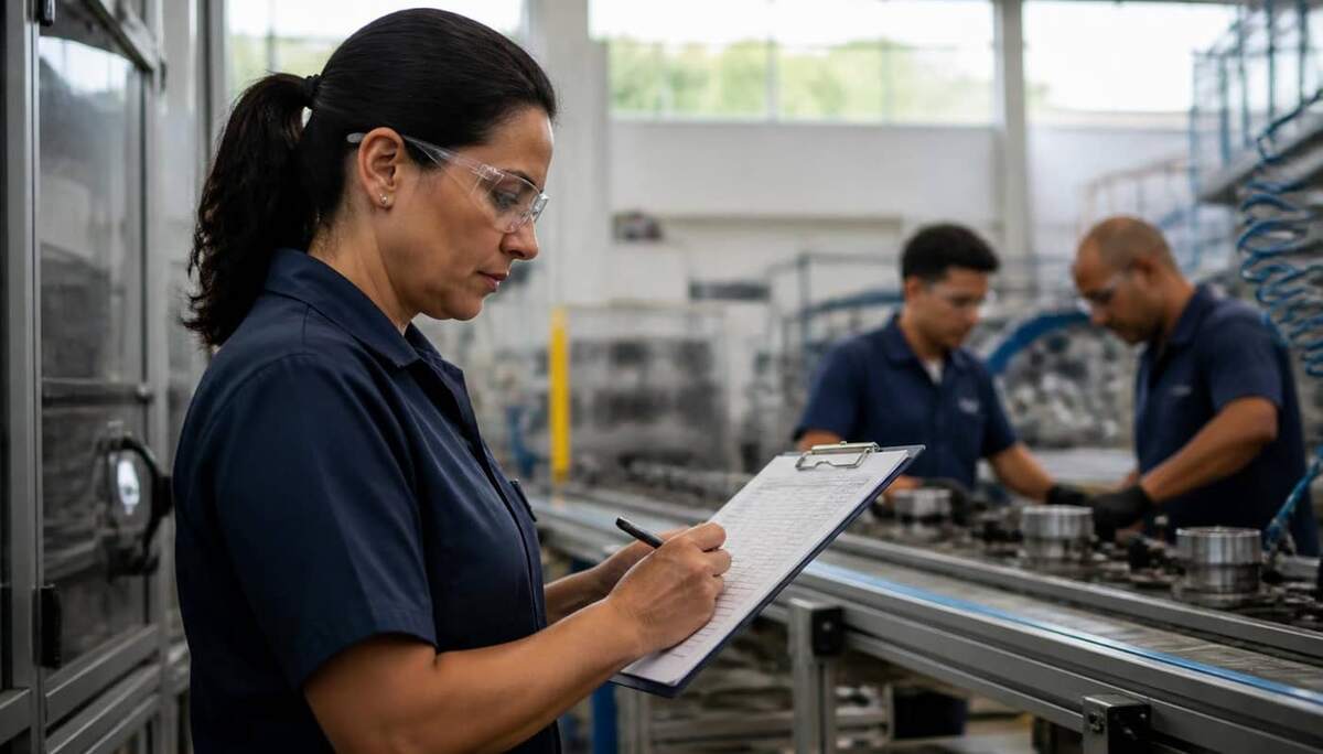 Gestora de qualidade brasileira com óculos de proteção conferindo checklist impresso ao lado de linha de produção em fábrica moderna