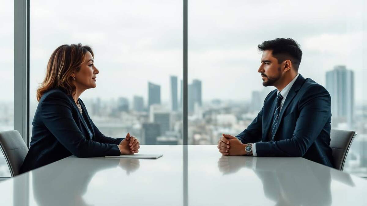 Gerente de RH e colaborador conversando em sala de reunião com janela panorâmica ao fundo em escritório corporativo