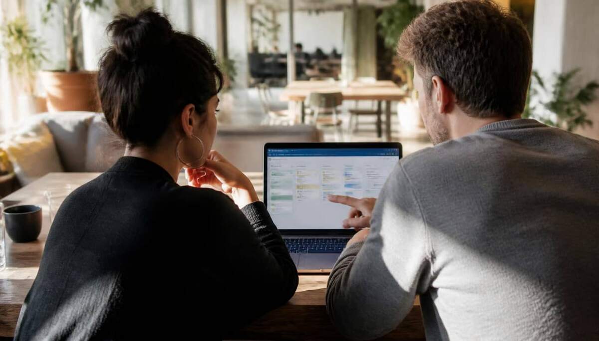 Dois profissionais analisando quadro Kanban digital em notebook dentro de escritório moderno com plantas e luz natural