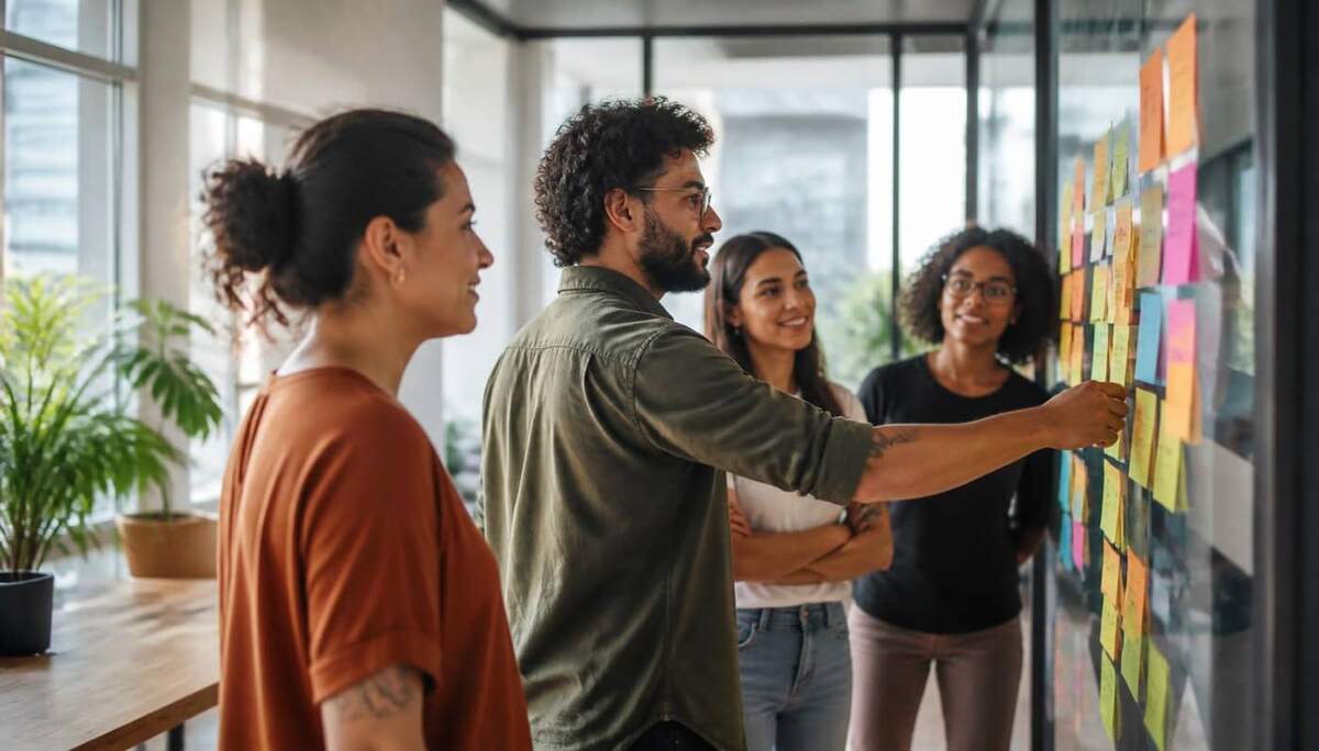 Equipe reunida diante de quadro Kanban com cartões coloridos em escritório moderno com luz natural