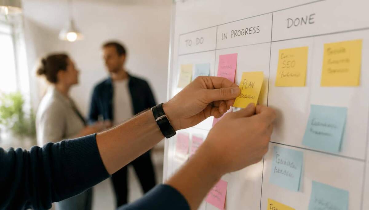 Mão movendo cartão adesivo amarelo entre colunas de um quadro Kanban em escritório com luz natural