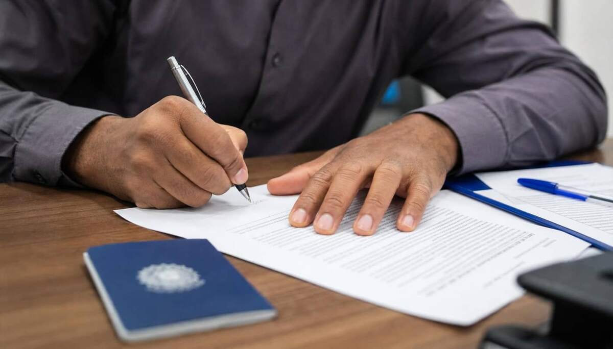 Trabalhador assinando contrato de trabalho sobre mesa de escritório com carteira de trabalho ao lado