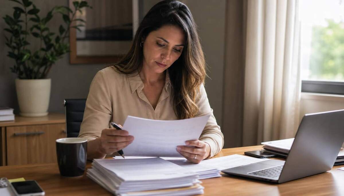 Gestora de RH brasileira revisando contratos e documentos trabalhistas em escritório com laptop e pilha de papéis sobre a mesa em luz natural