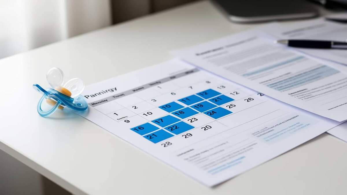 Calendário com período de licença maternidade destacado em azul, ao lado de chupeta e documentos sobre uma mesa de escritório