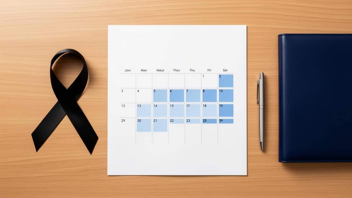 Calendário com dias consecutivos destacados em azul ao lado de uma faixa de luto preta, ilustrando o período de licença nojo