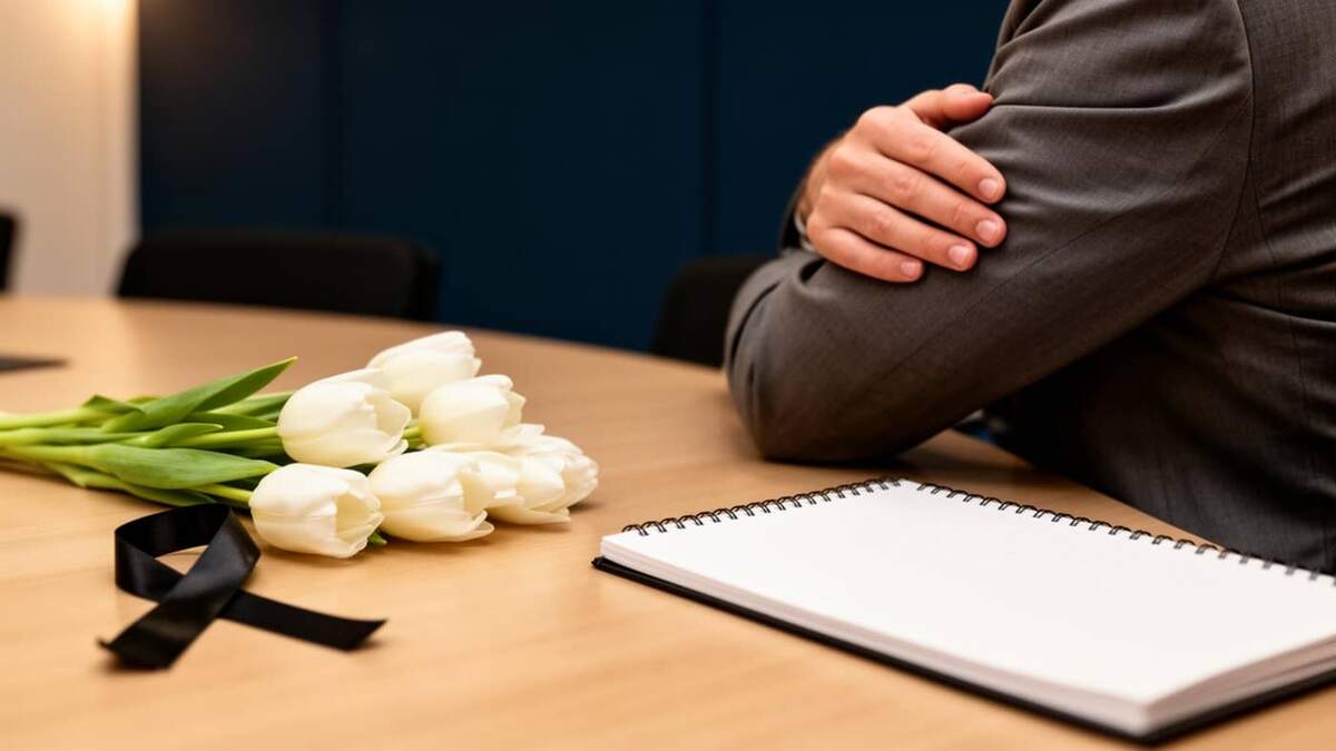 Pessoa de terno escuro sentada à mesa de escritório com mão sobre o ombro em sinal de conforto, ao lado de tulipas brancas e fita preta de luto sobre madeira clara