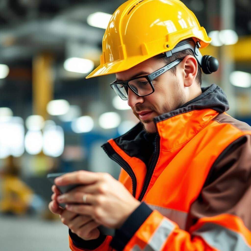 Profissional de segurança do trabalho usando capacete e colete refletivo registrando informações em tablet em ambiente industrial, representando a coleta e organização dos dados que alimentam o LTCAT