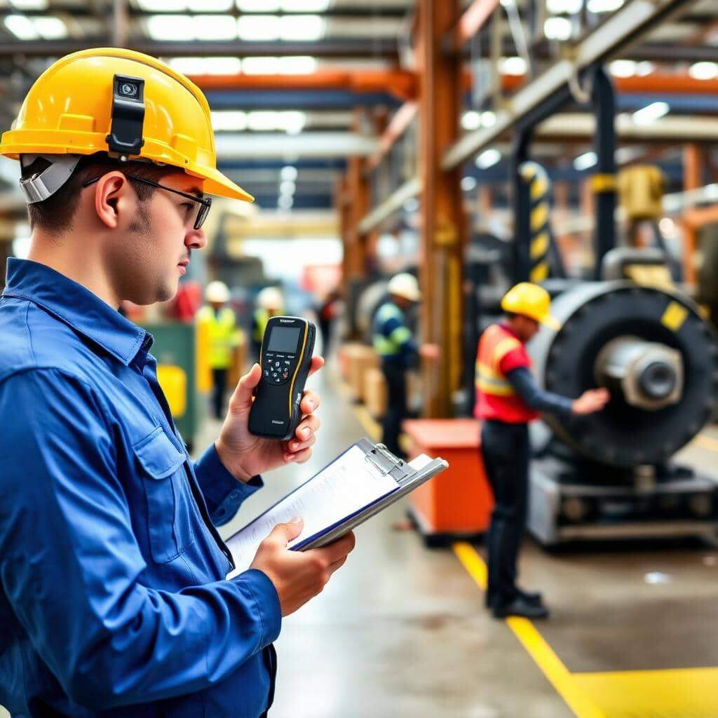 Engenheiro de segurança do trabalho com capacete amarelo e óculos de proteção medindo nível de ruído em ambiente industrial com máquinas em operação, representando a coleta de dados para o LTCAT