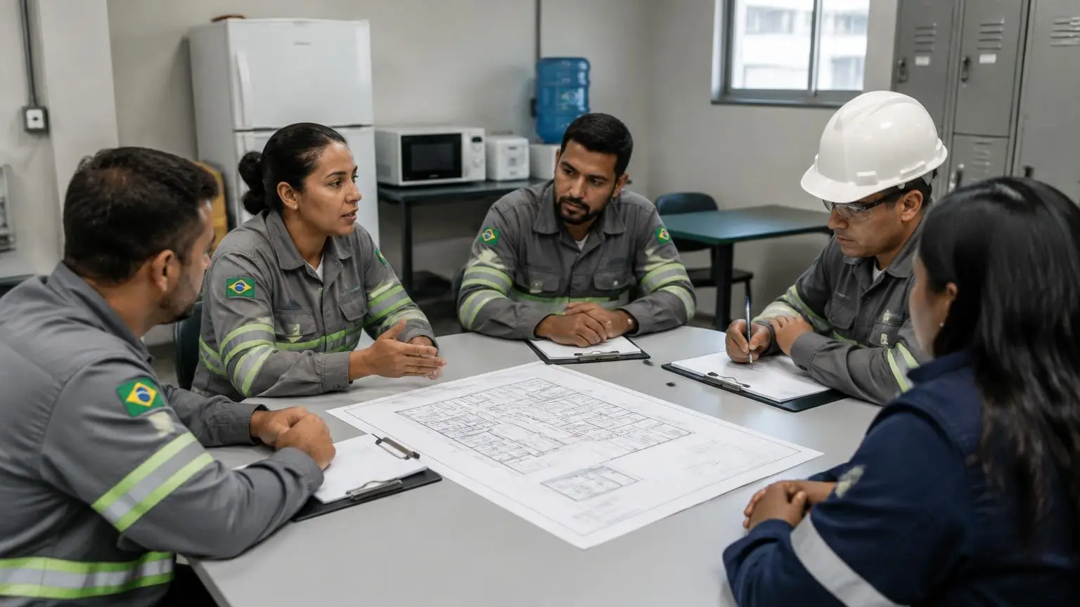 Membros da CIPA reunidos ao redor de uma mesa com a planta do setor e pranchetas, discutindo os riscos do local de trabalho