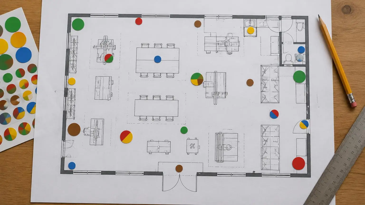 Planta baixa de oficina impressa sobre a mesa com círculos coloridos verdes, vermelhos, marrons, amarelos e azuis de tamanhos diferentes, alguns divididos em fatias