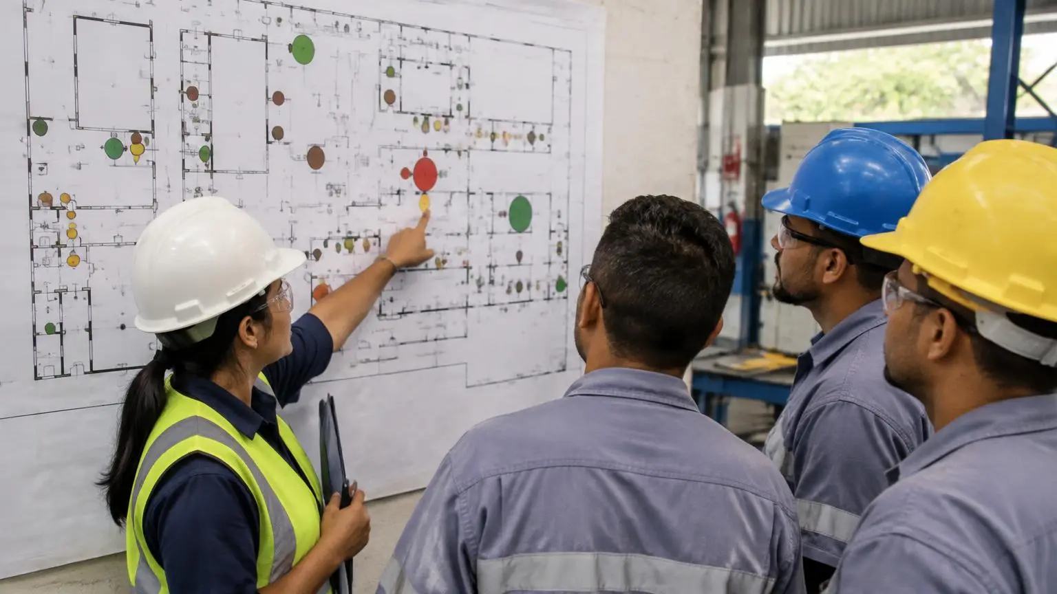 Técnica de segurança apontando círculos coloridos em um mapa de risco afixado na parede da fábrica para trabalhadores de capacete