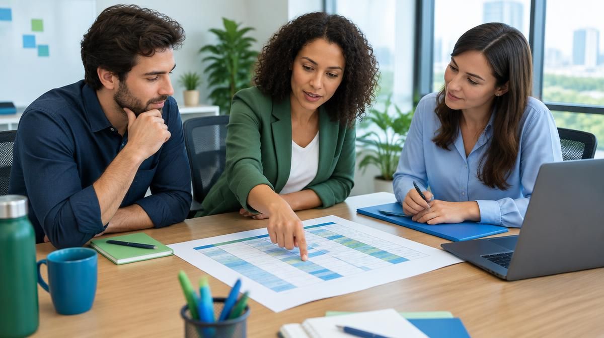 Equipe reunida em uma mesa conferindo uma matriz de responsabilidades impressa