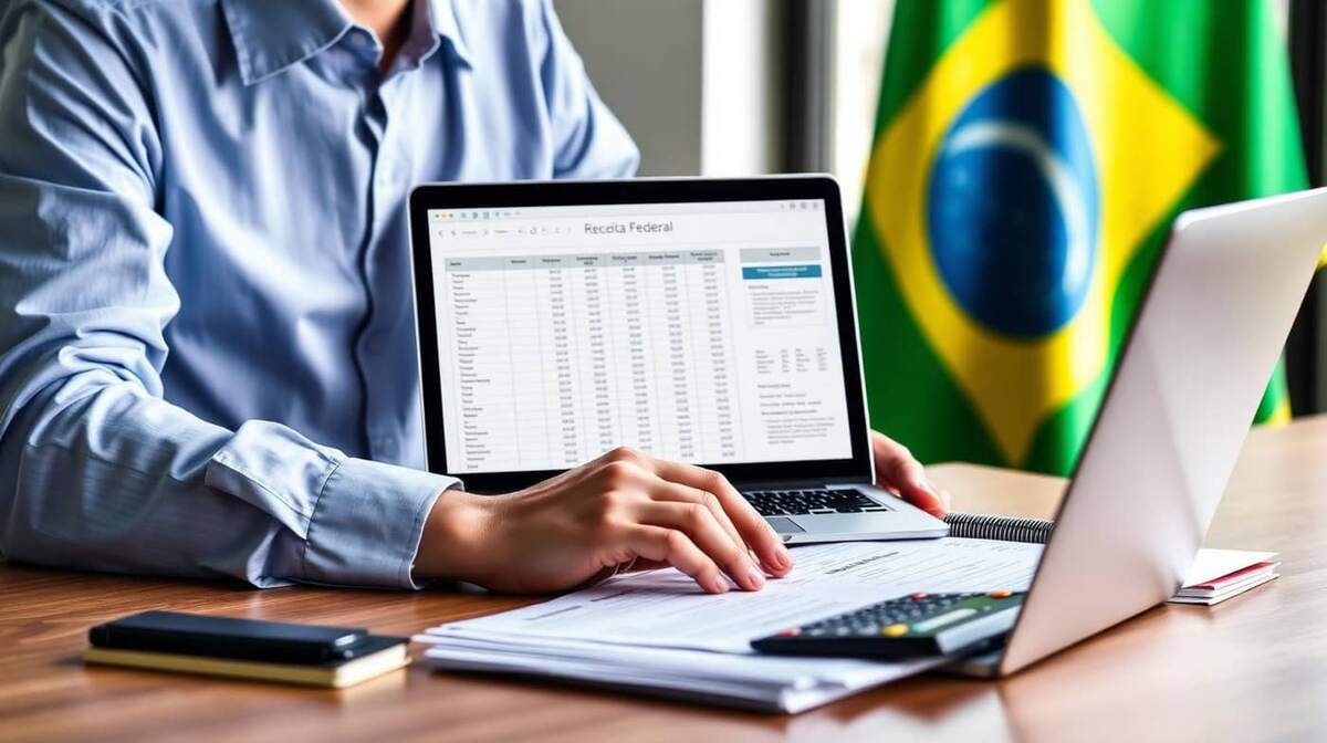 Contador brasileiro analisando declarações fiscais em laptop com planilhas da Receita Federal, ao lado de calculadora e documentos impressos, com bandeira do Brasil ao fundo