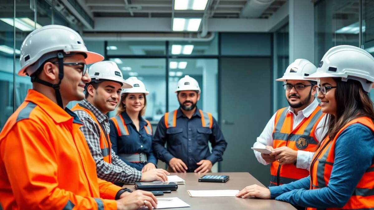 Equipe diversa em reunião de SST com EPIs, representando a aplicação da NR 1 nas empresas brasileiras