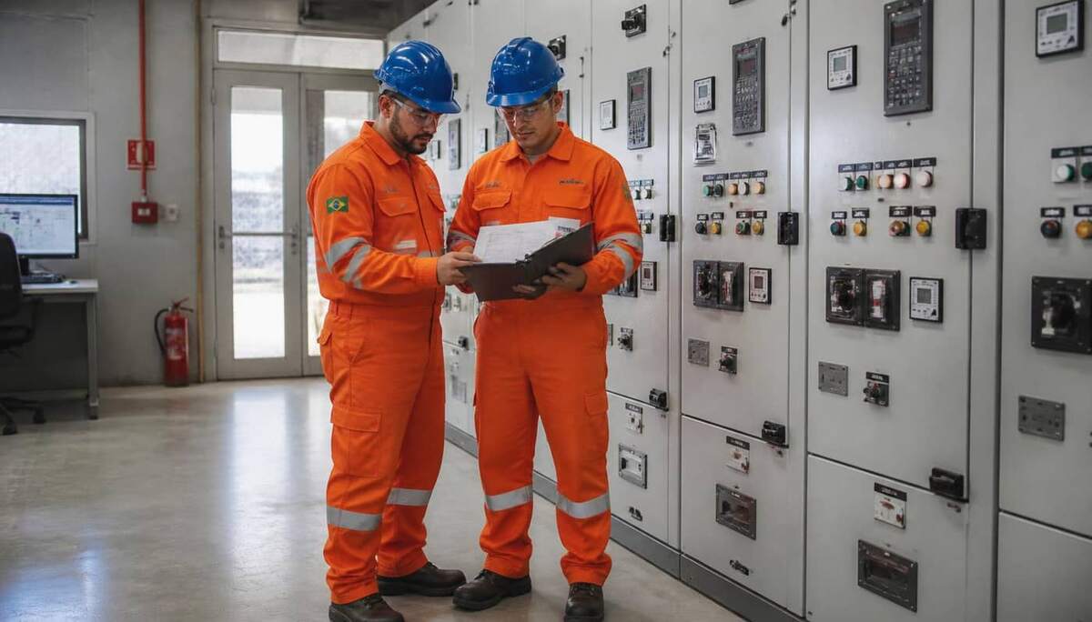 Dois técnicos de segurança brasileiros com macacão laranja contra arco elétrico e capacete azul revisando documento técnico da NR 10 atualizada em sala de comando de subestação