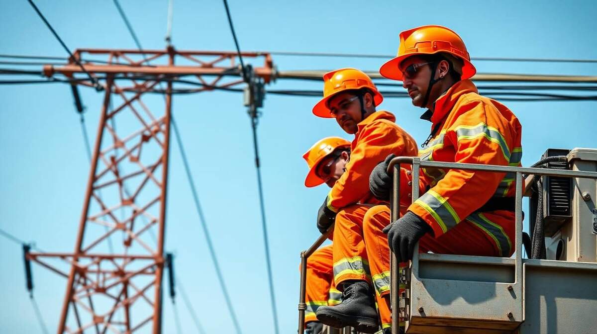 Equipe brasileira de linha viva com uniformes laranja e capacetes de segurança em cesto aéreo próximo a torre de transmissão de alta tensão