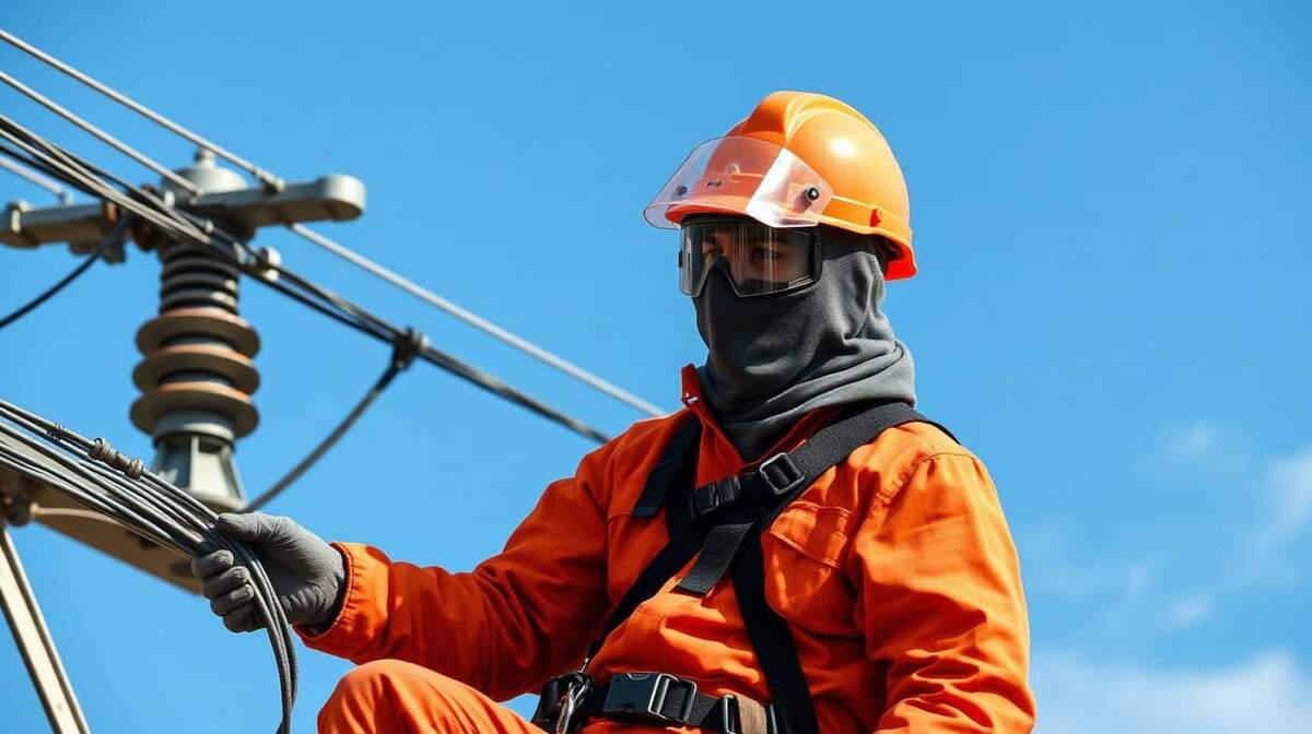 Eletricista brasileiro de rede em alta tensão com vestimenta laranja contra arco elétrico, capacete classe B e face shield, próximo a isoladores de subestação de energia sob céu azul